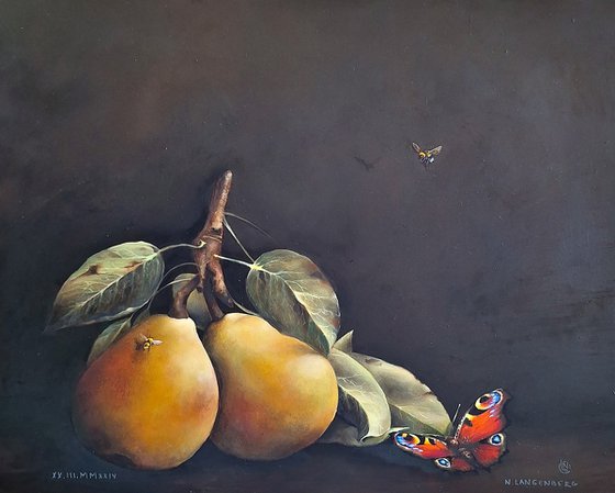 Still Life  Pears Butterfly  Bees  Dutch Still Life Painting Old Style
