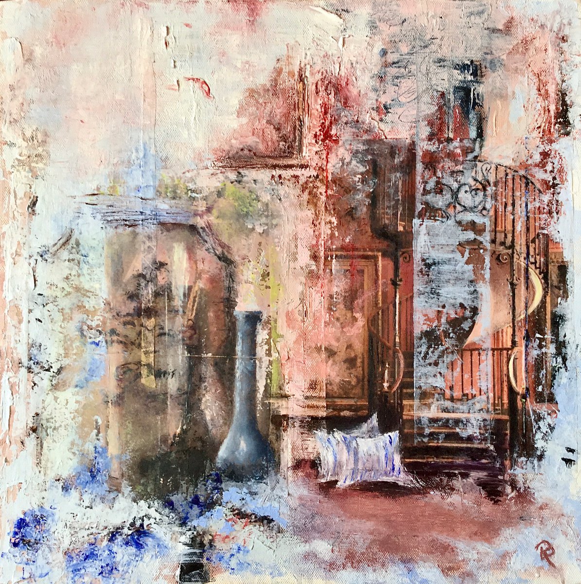 Organic Still Life Painting By Rebecca Pells, 16 X 16", Paris And Pillows, Original Artwork