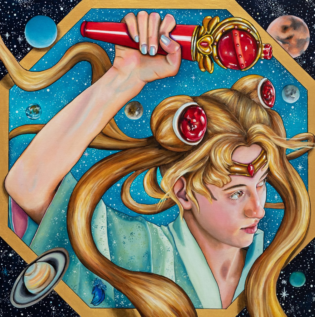 Surrealistic Portrait Acrylic Painting By Saskia Huitema, 17 X 17", Realms X- The Guardian, Original Artwork