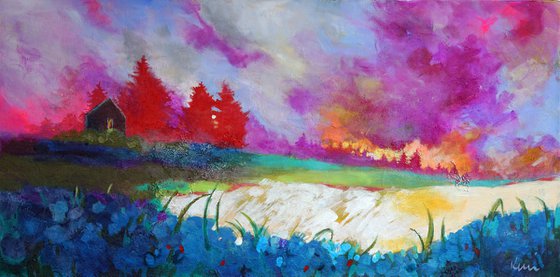 My Own Place 36x18" Colorful Abstract Impressionist Landscape Painting