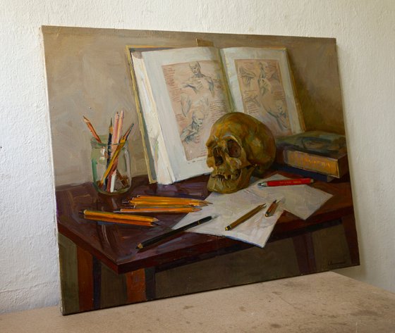 In the artist's studio. Drawing