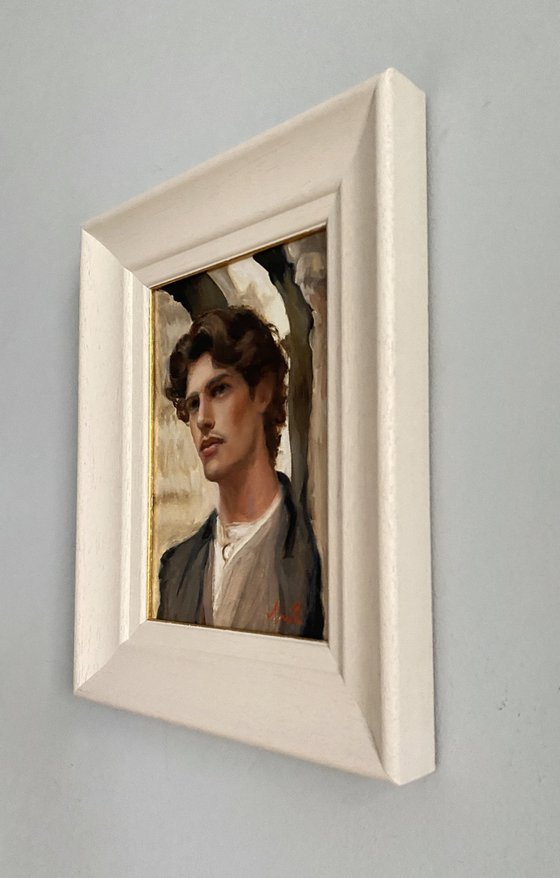 Impressionist style Male portrait oil painting, with wooden frame.