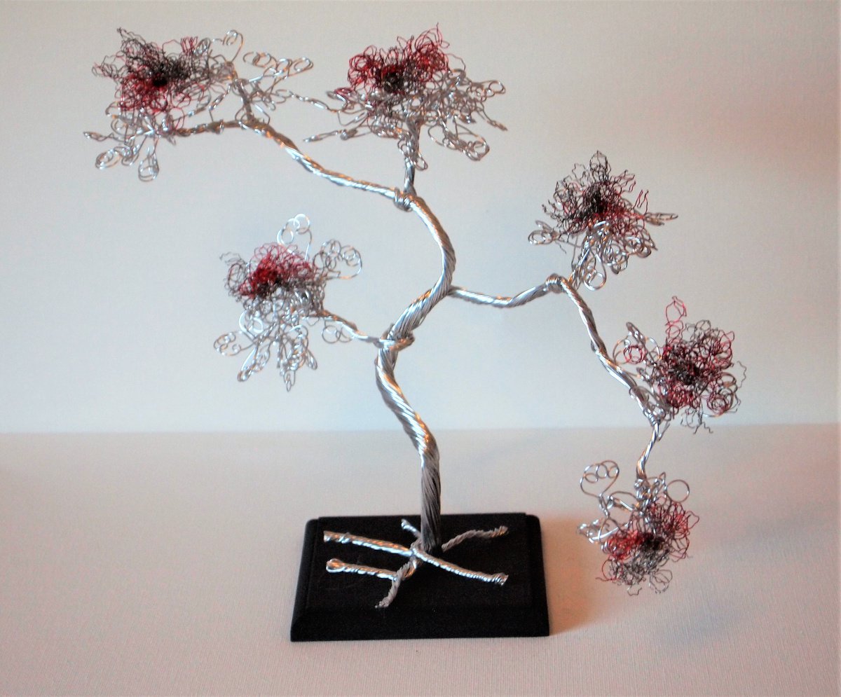 Silver, Red & Grey Wire, Bonsai Tree Sculpture by Steph Morgan