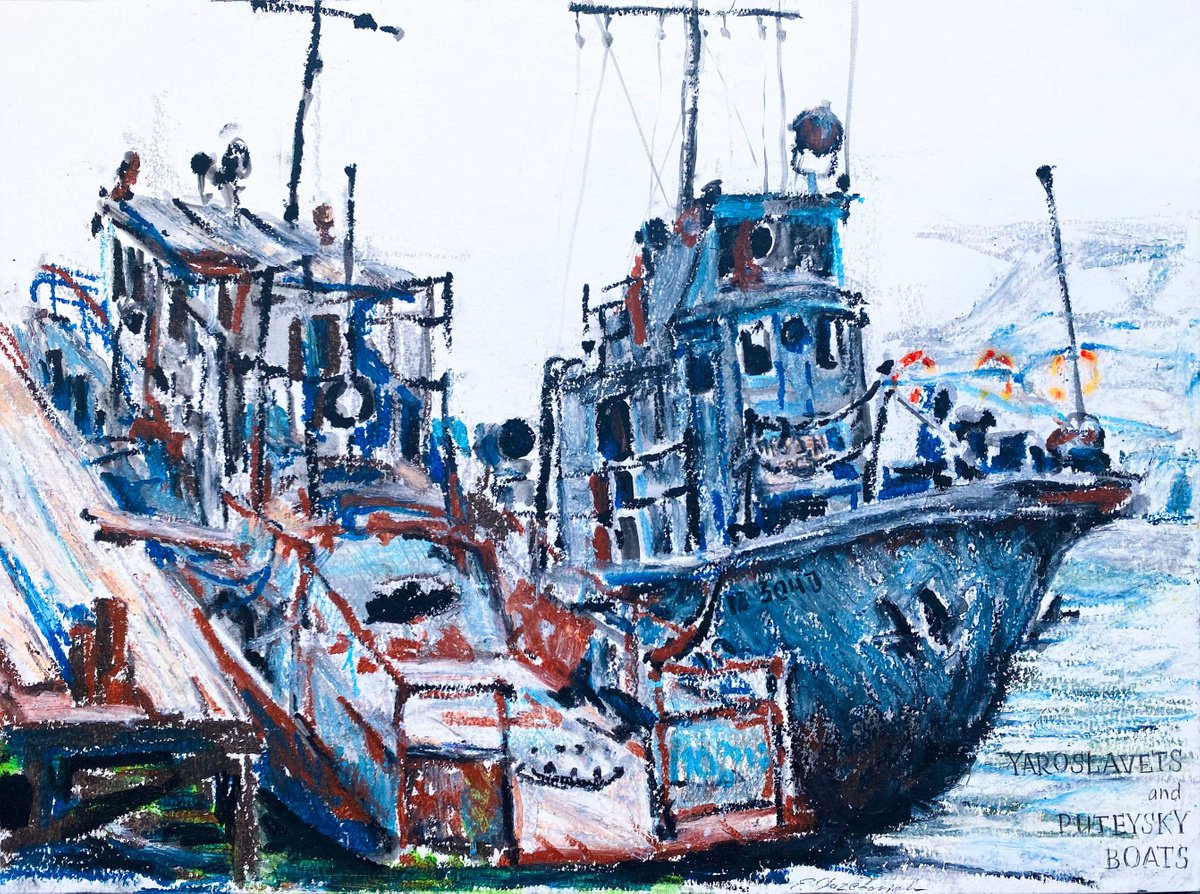 Impressionistic Pastel Drawing , Old Fishing Boats By Elena Yuzefovich, 16 X 12, Artwork For Sale On Artfinder