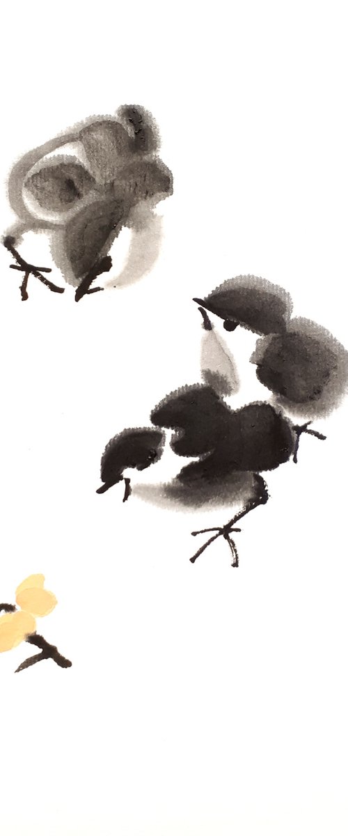 Three chickens pecking the loquat fruit - Oriental Chinese Ink Painting by Ilana Shechter