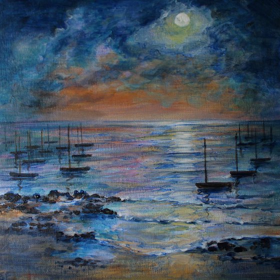 Boats Moored by Moonlight