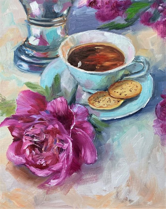 Teacup, Pionies, cookies .Still life.