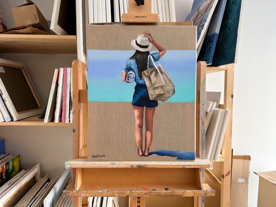 To the Beach - Woman Painting on Linen Canvas