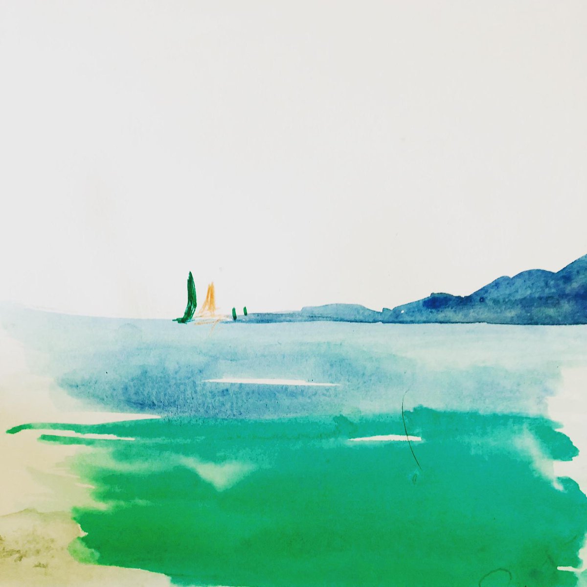 Expressive Landscape Watercolour By Shabs Beigh, 14 X 14", Sailing Solo, Original Artwork