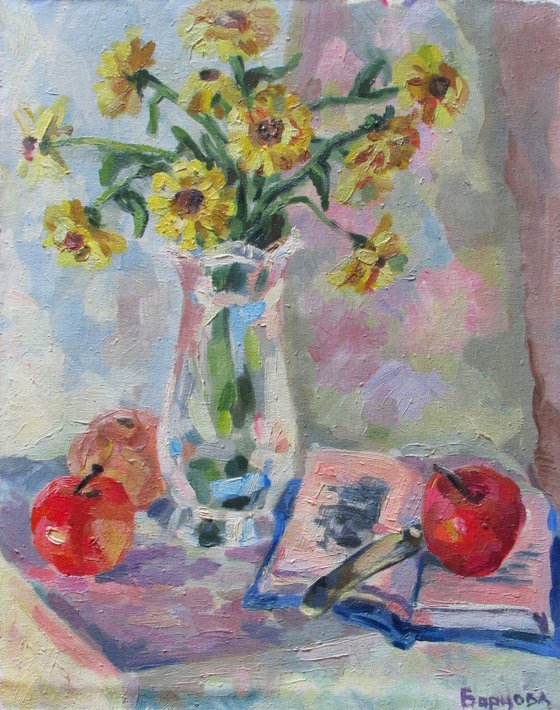 Still life painting with yellow flowers
