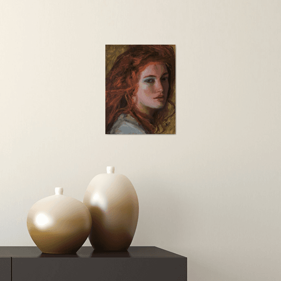 Redhead female portrait oil painting, Romantic Impressionist style.