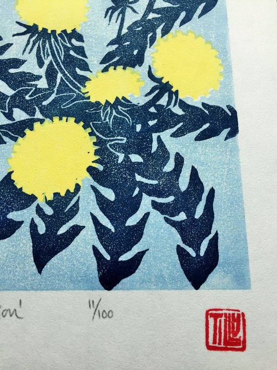 Dandelion, Japanese Woodblock print, woodcut