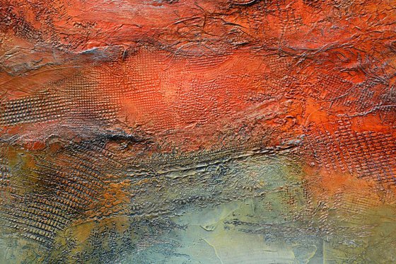 Terra rossa, 40" x 40" x 1.5"  (101 cm x 101 cm x 3.8 cm) - large orange and blue grey abstract landscape