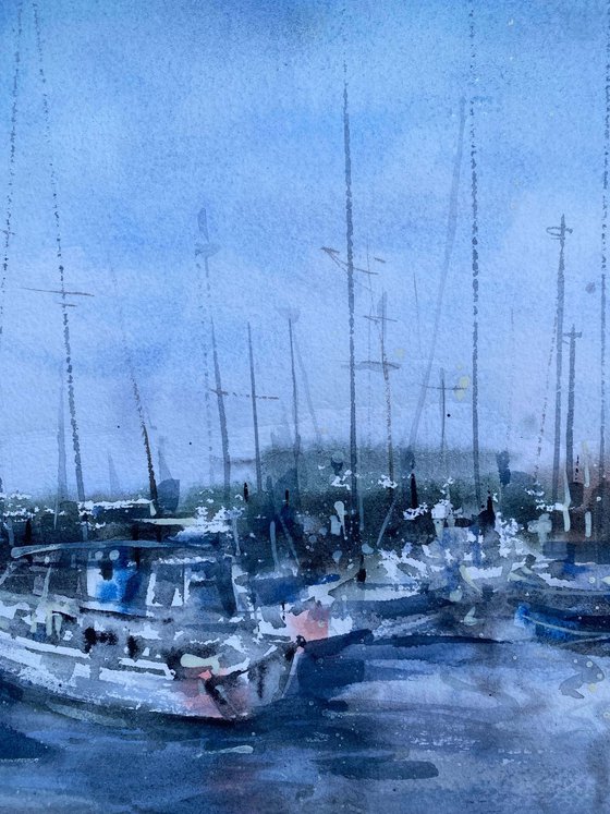 Boats at sunset. One of a kind, original painting, handmad work, gift, watercolour art.