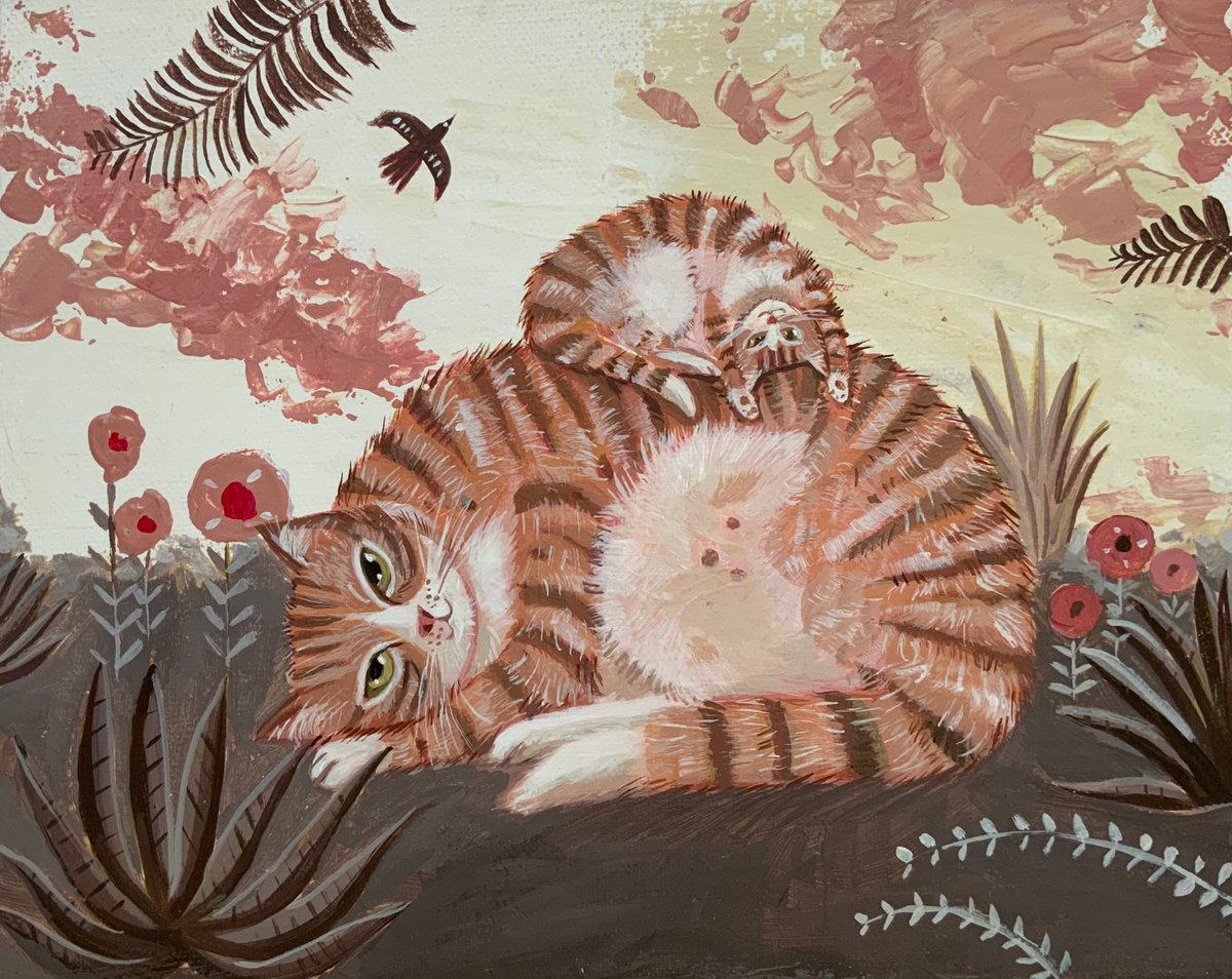 Ginger nap with kitten - cat painting- canvas art by Mary Stubberfield