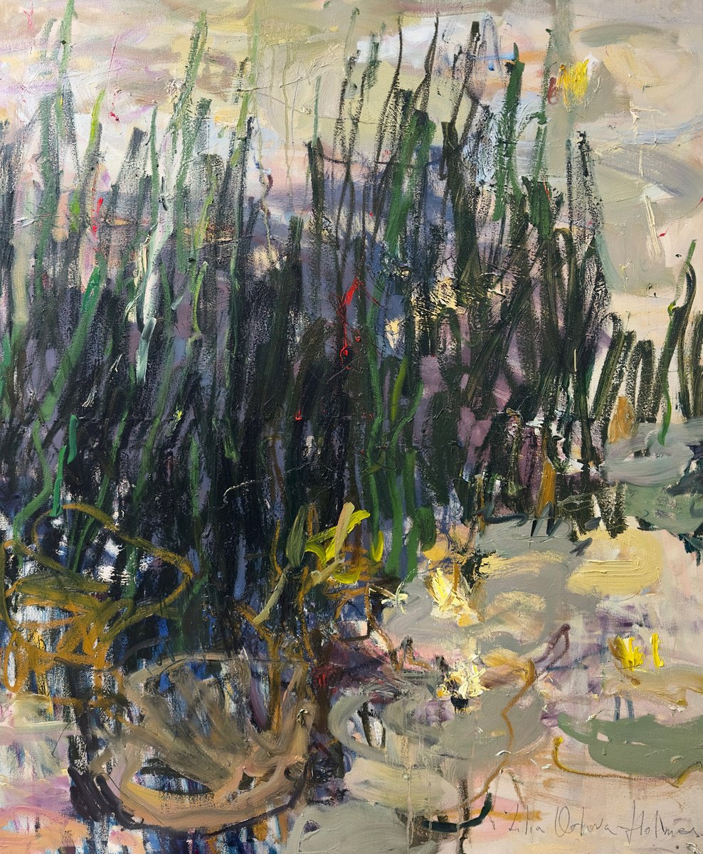Expressive Landscape Oil Painting By Lilia Orlova-Holmes, 39 X 47", At The Pond