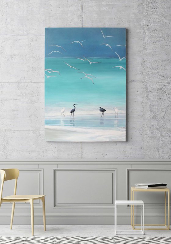 "Cattle Egret" Turquoise seascape oil art
