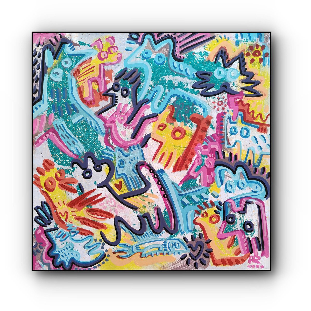 Naive Animal Acrylic Painting By Angel Rivas, 39 X 39, Colorful Nature, Original Artwork