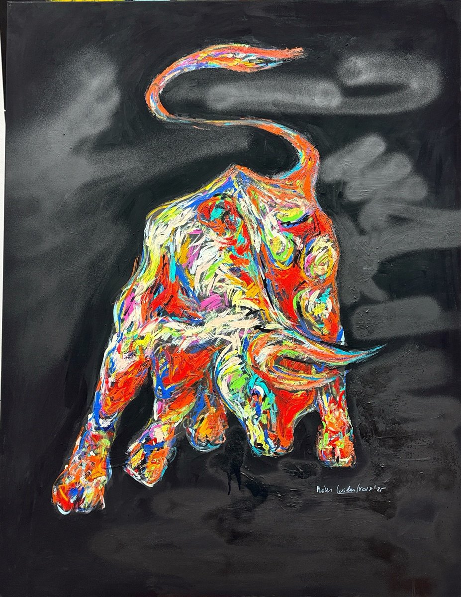 Impressionistic Animal Acrylic Painting By Nicole Leidenfrost, 39 X 51", Stier Auf Schwarz, Original Artwork