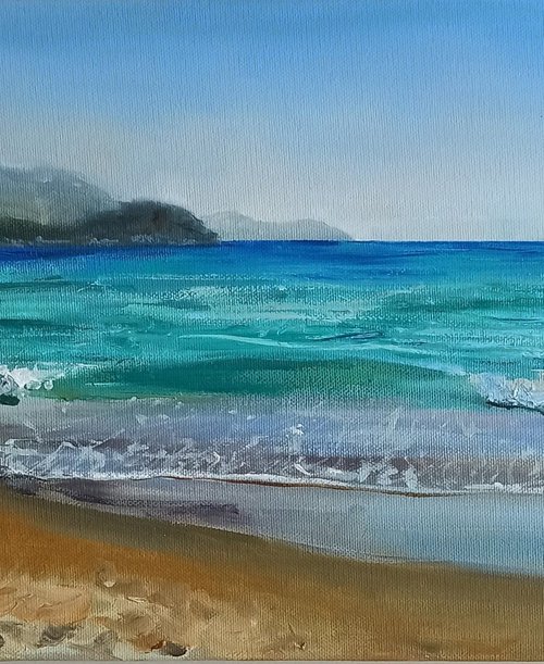 Coastal beach oil painting blue ocean landscape wall decor 10x20" by Leyla Demir