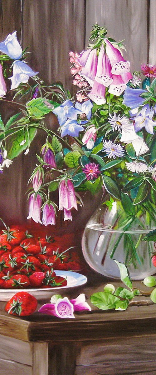 Strawberries and Bluebells, Rustic Still Life by Natalia Shaykina