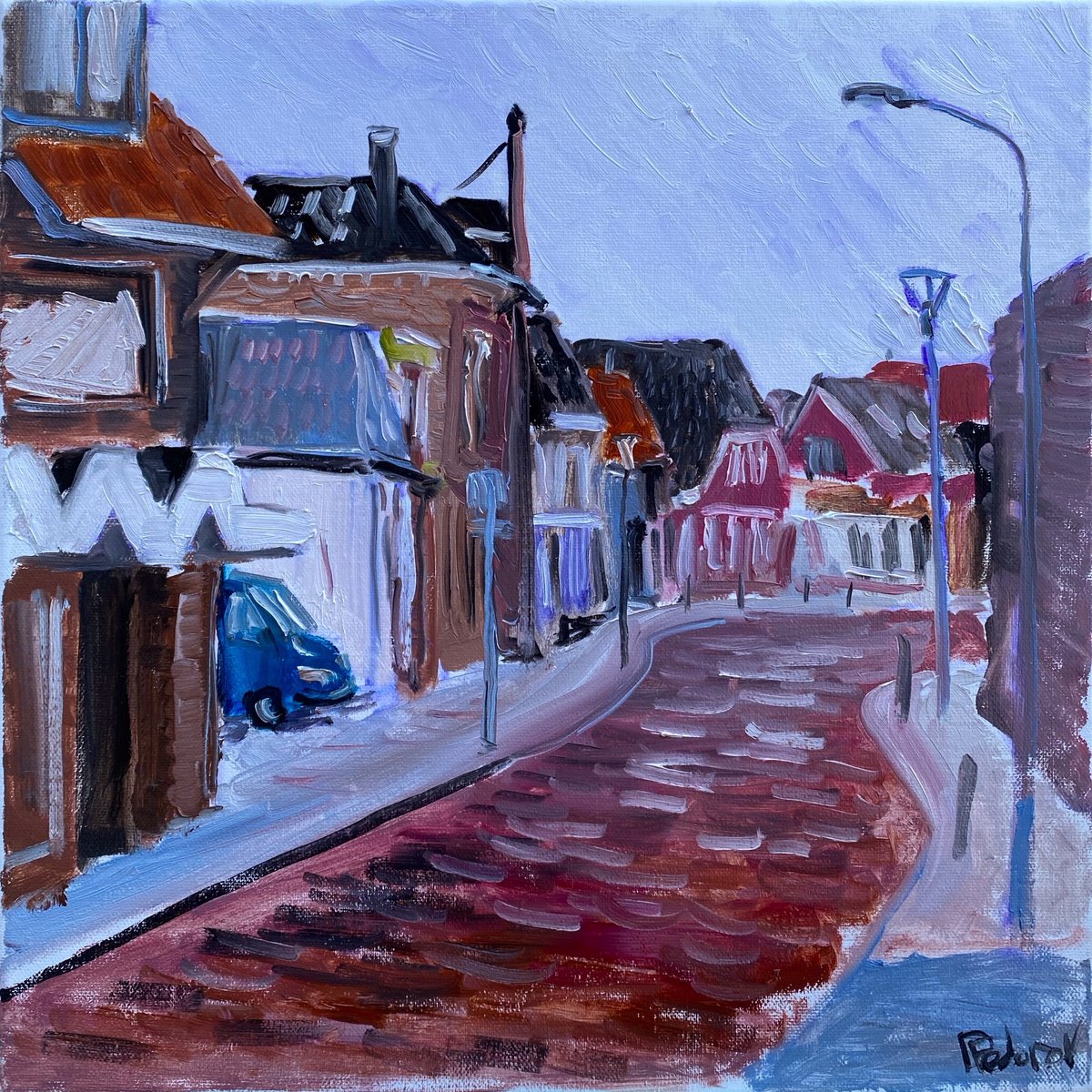 Impressionistic Cityscapes Oil Painting By Dmitry Fedorov, 16 X 16, Misty Morning In Dutch Town, Original Artwork