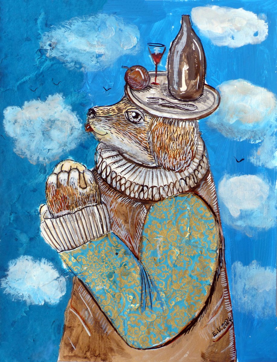 Surrealistic Animal Painting By Elizabeth Vlasova, 11 X 14, Prayer In The Clouds, Original Artwork