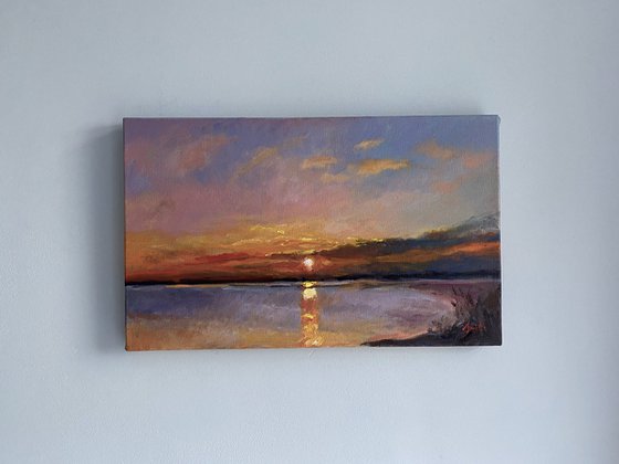 Fiery Sunset over The Sea. Original Oil Painting on canvas ready to hang.