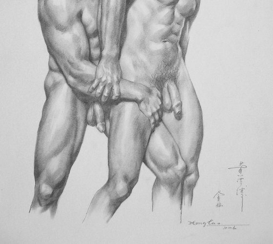 original art drawing charcoal male nude gay men on paper #16-5-19-01