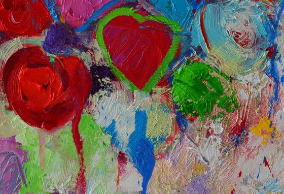 COLORFUL HEARTS AND FLOWERS - abstract expressionist palette knife oil painting