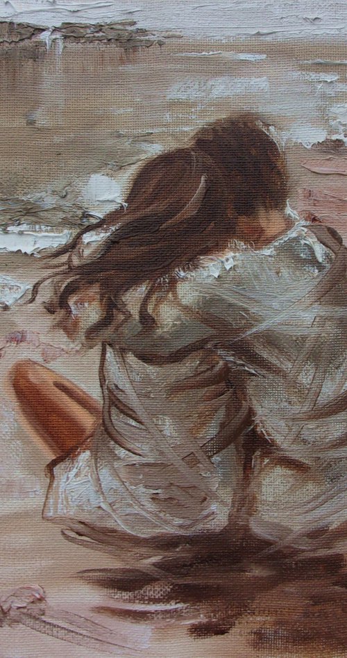 " DO YOU REMEMBER ... " SUN SKY SEA SAND liGHt  ORIGINAL OIL PAINTING, GIFT, PALETTE KNIFE by Monika Luniak