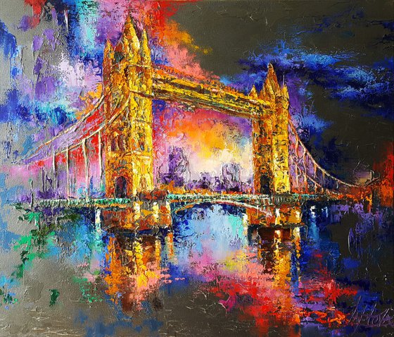 London - evening lights - oil original painting, abstract, palette knife