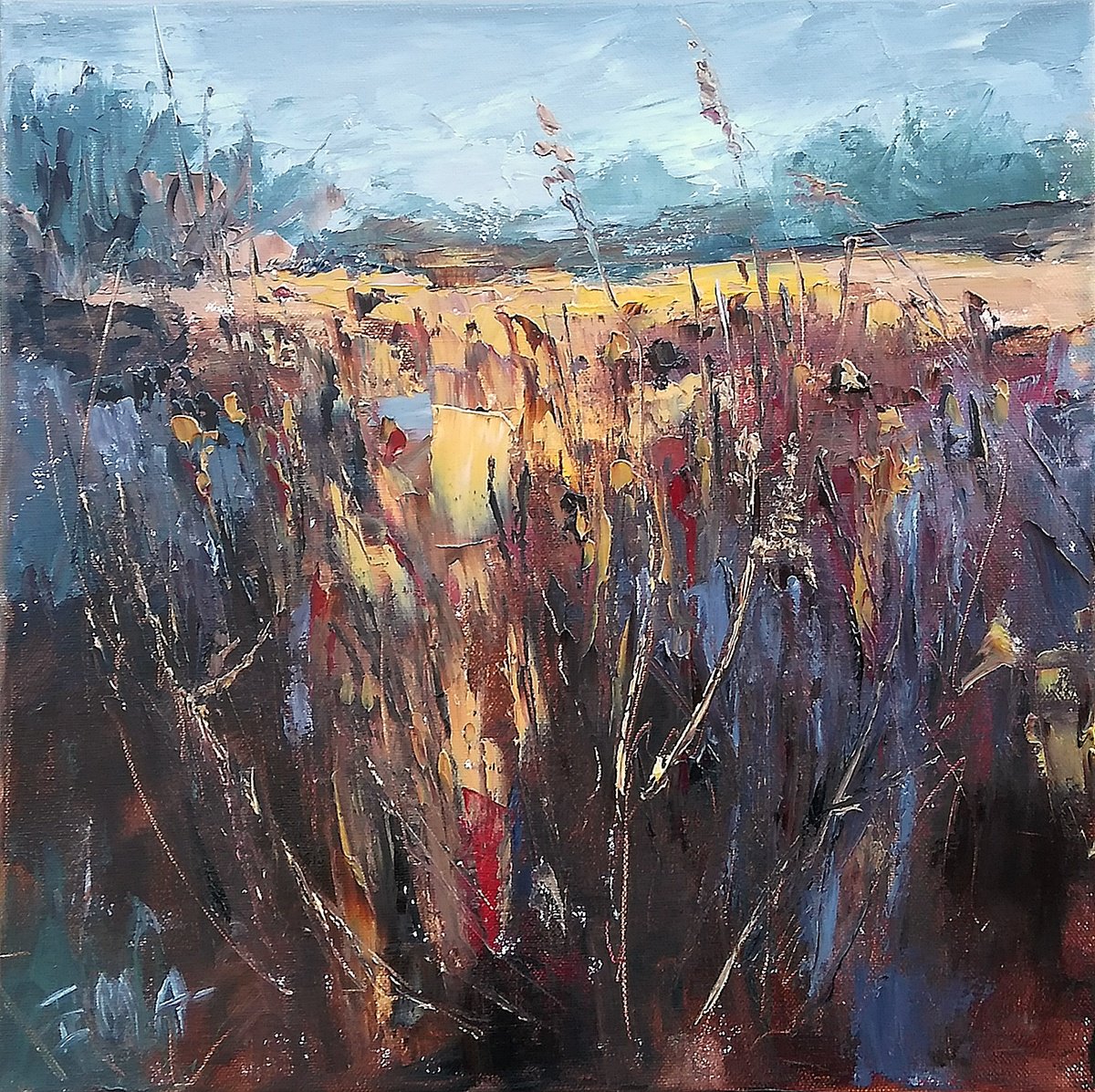 COMING CLOSER, 40x40cm, autumnal fields landscape by Emilia Milcheva
