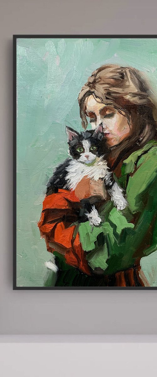 Girl in green dress with cat. by Vita Schagen