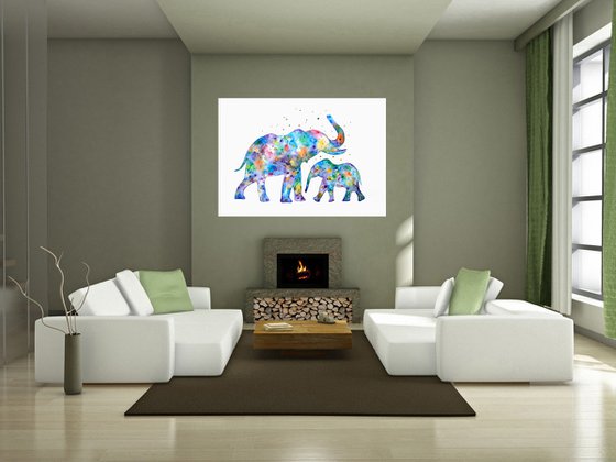 Family of elephants, colorful watercolor animals