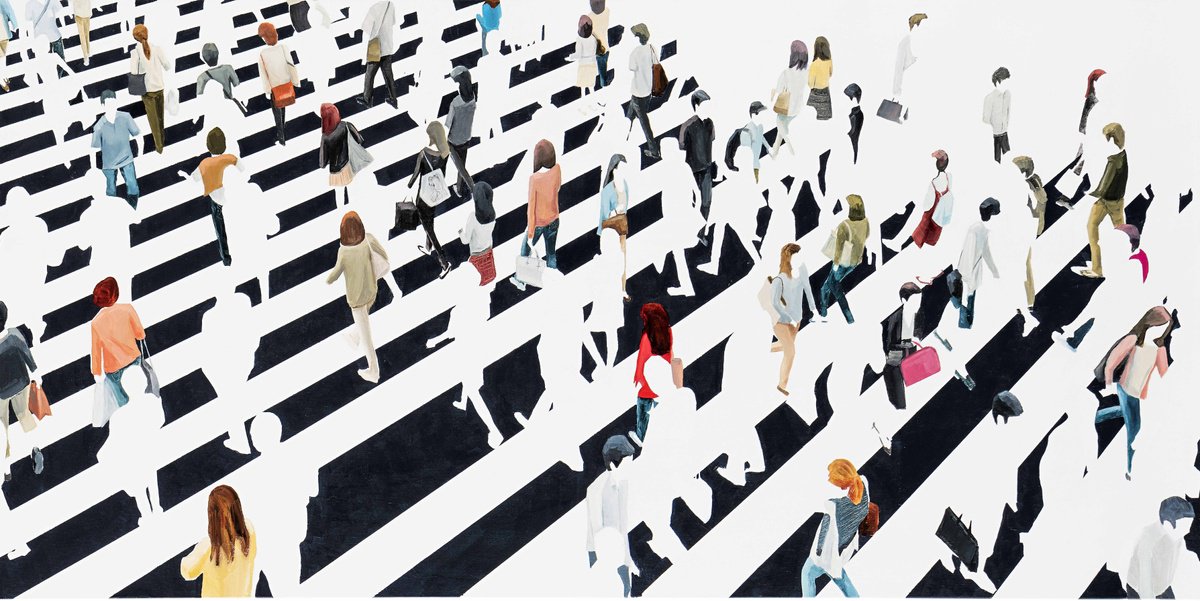 Urban And Pop Cityscapes Oil Painting By Martta Garcia, 47 X 24", Divergent People, Original Artwork