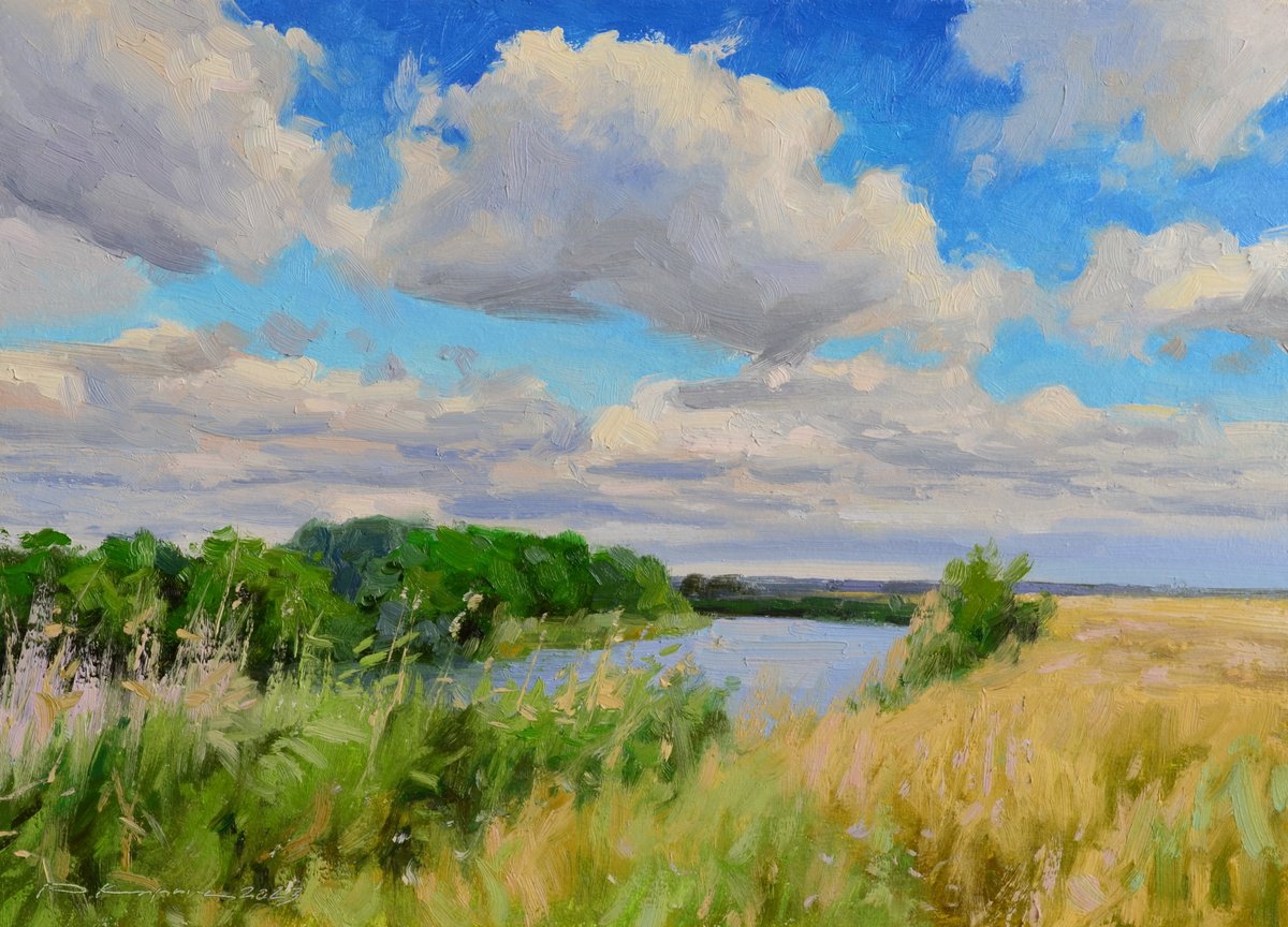Impressionistic Landscape Oil Painting By Ruslan Kiprych, 13 X 9", Clouds Over The Meadow, Original Artwork