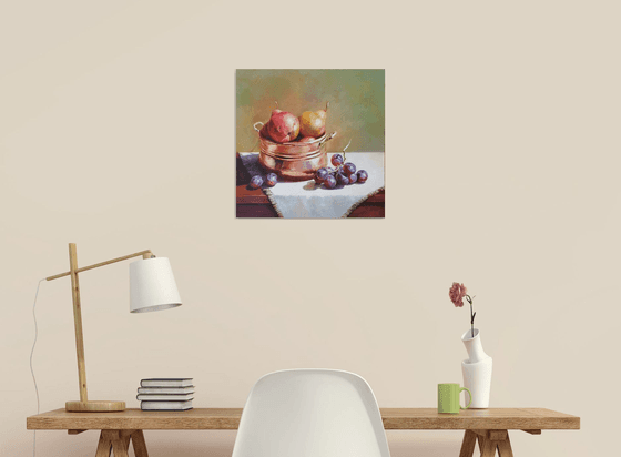 "Still life with grapes and pears in a small old French saucepan." still life grapes pears summer  liGHt original painting  GIFT (2020)