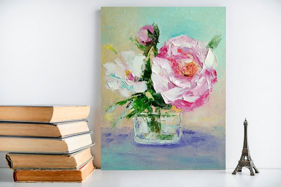 Peonies Painting Original Art Pink Floral Small Artwork Daisy Wall Art