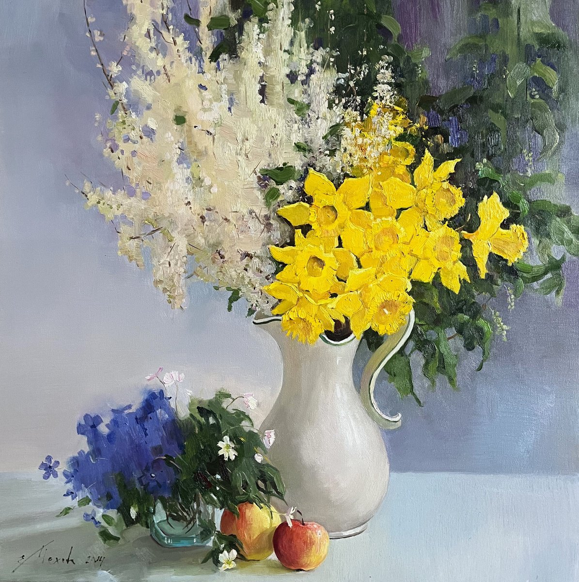 Impressionistic Still Life Oil Painting By Evgeniia Mekhova, 24 X 24, Still Life With Daffodils, Original Artwork