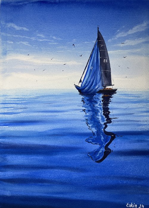 Tranquil Sea Sailboat Scene. by Erkin Yılmaz