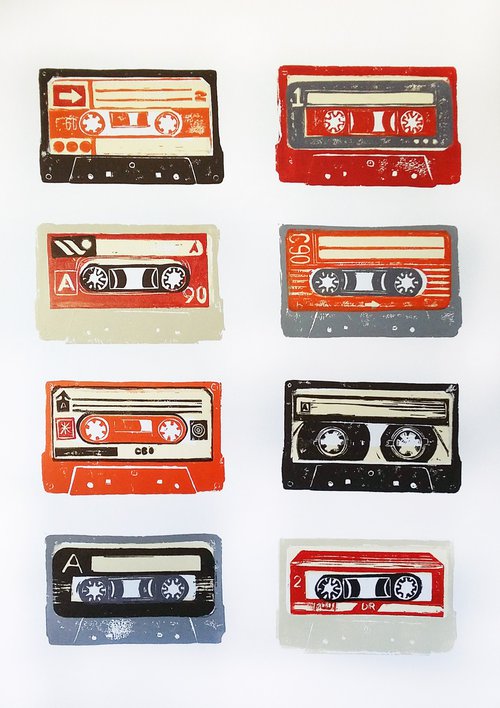 Linocut cassette tapes #66 by Carolynne Coulson