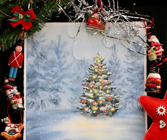 Christmas tree with decorations and garlands in the forest. Original watercolor artwork.