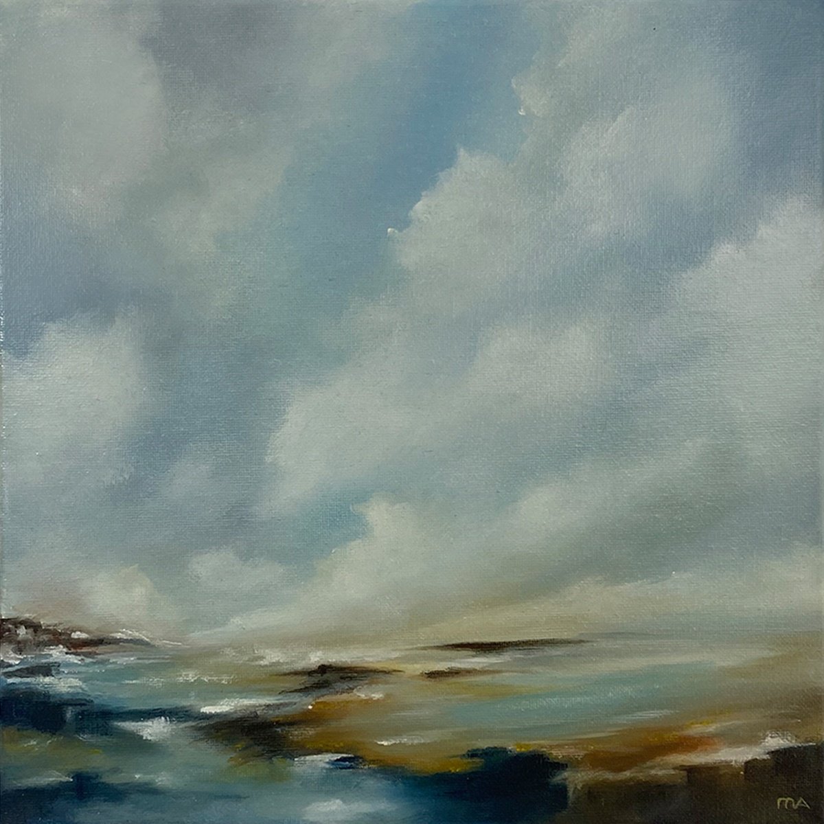 Abstract Landscape Oil Painting By Mullo Art, 14 X 14", Breath Of The Ocean, Original Artwork