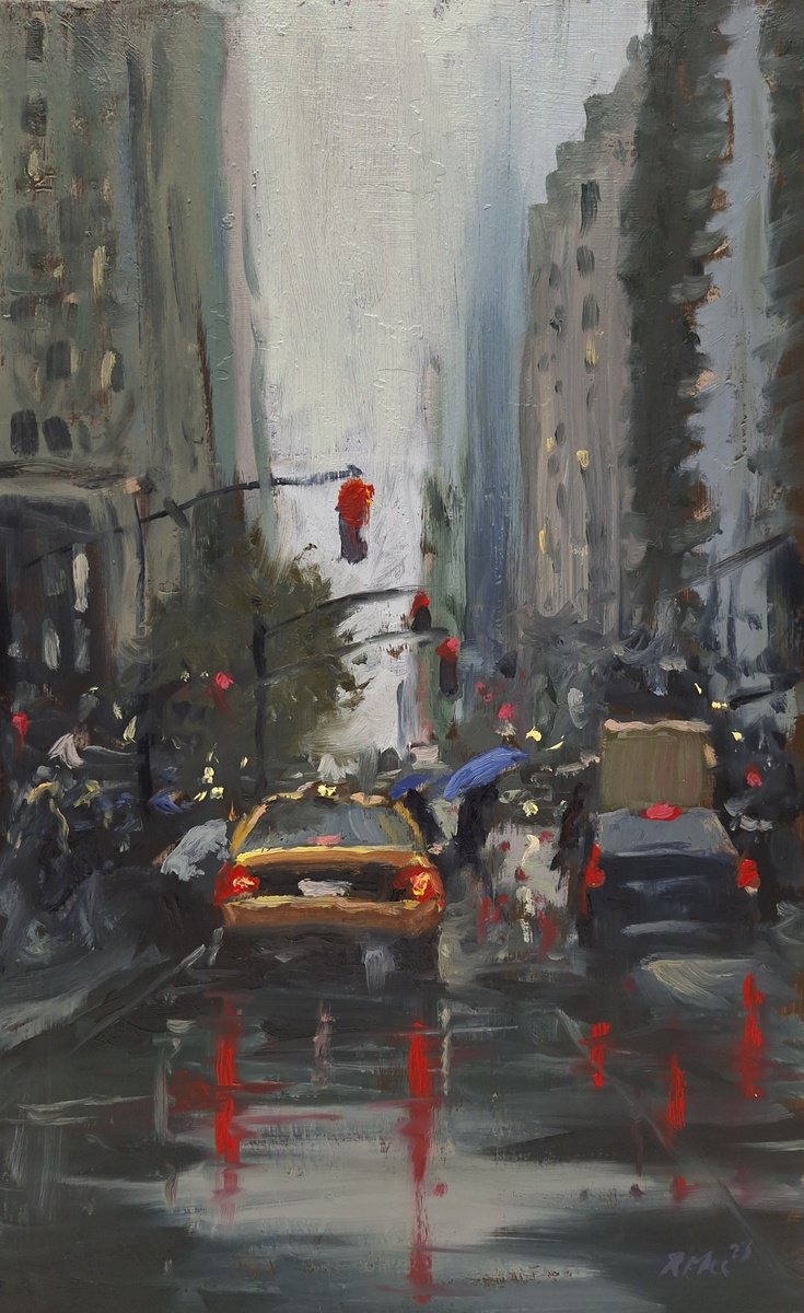 Impressionistic Cityscapes Oil Painting By Robert Mee, 10 X 16", New York In The Rain, Original Artwork