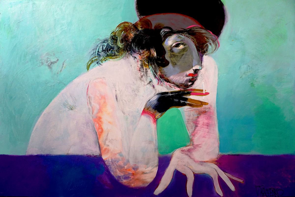 Expressive Portrait Acrylic Painting By Victor Tkachenko, 36 X 24", Have A Light?, Original Artwork