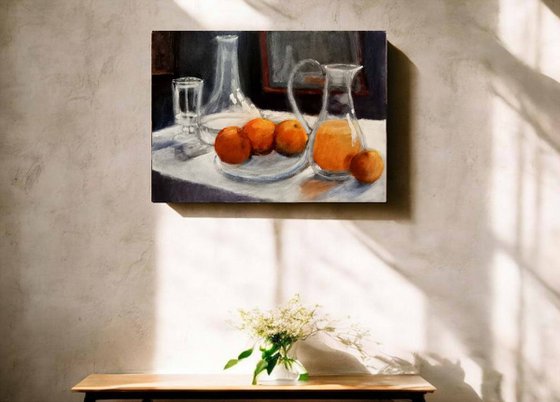 Still life with Glassware and Oranges