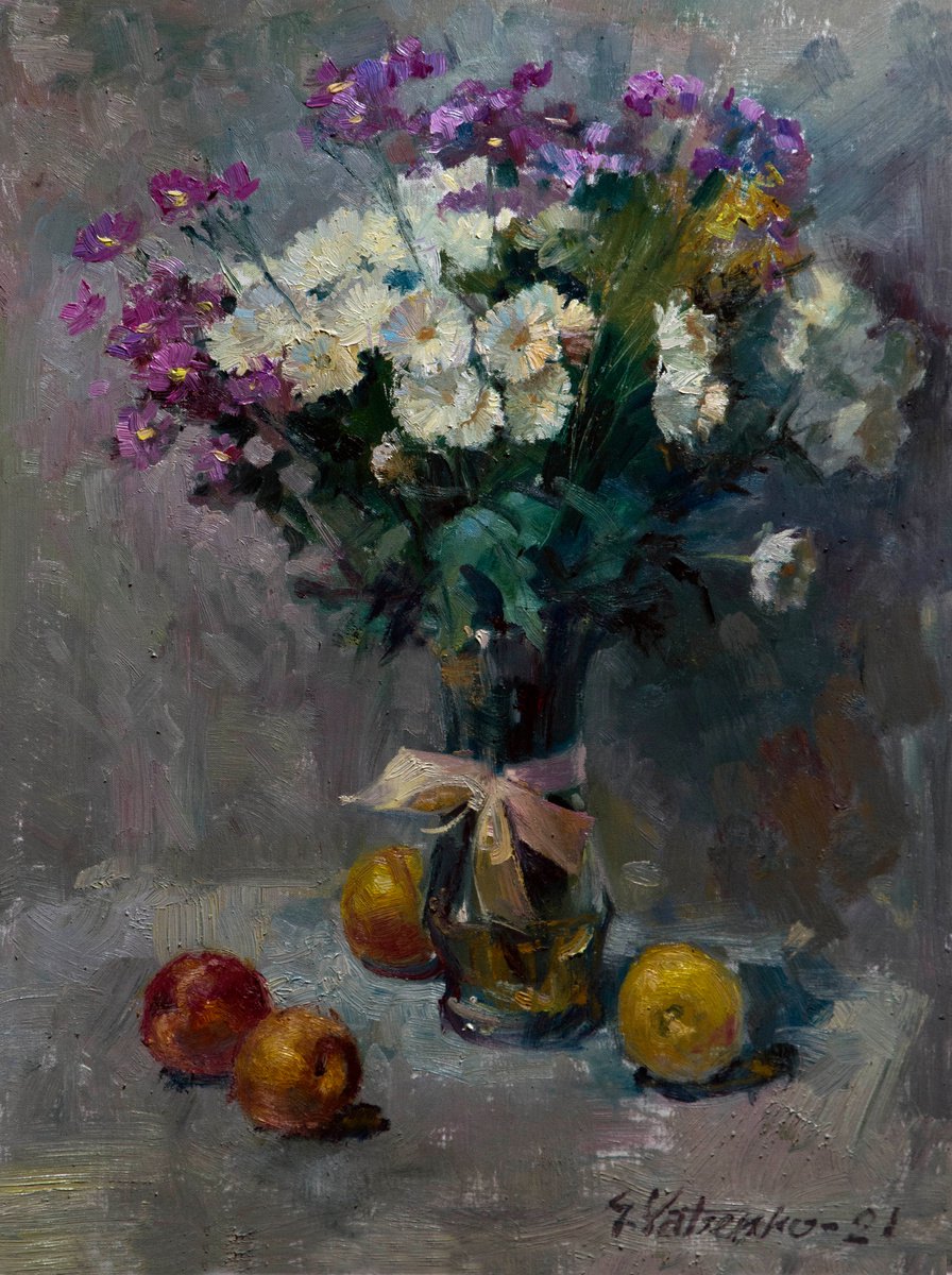 Impressionistic Botanical Oil Painting By Sergei Yatsenko, 24 X 32", Wildflowers And Peaches, Original Artwork