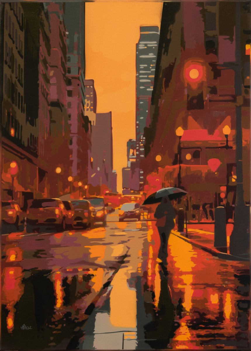 Impressionistic Cityscapes Painting By Marco Barberio, 20 X 28", New York City Rain #3, Original Artwork