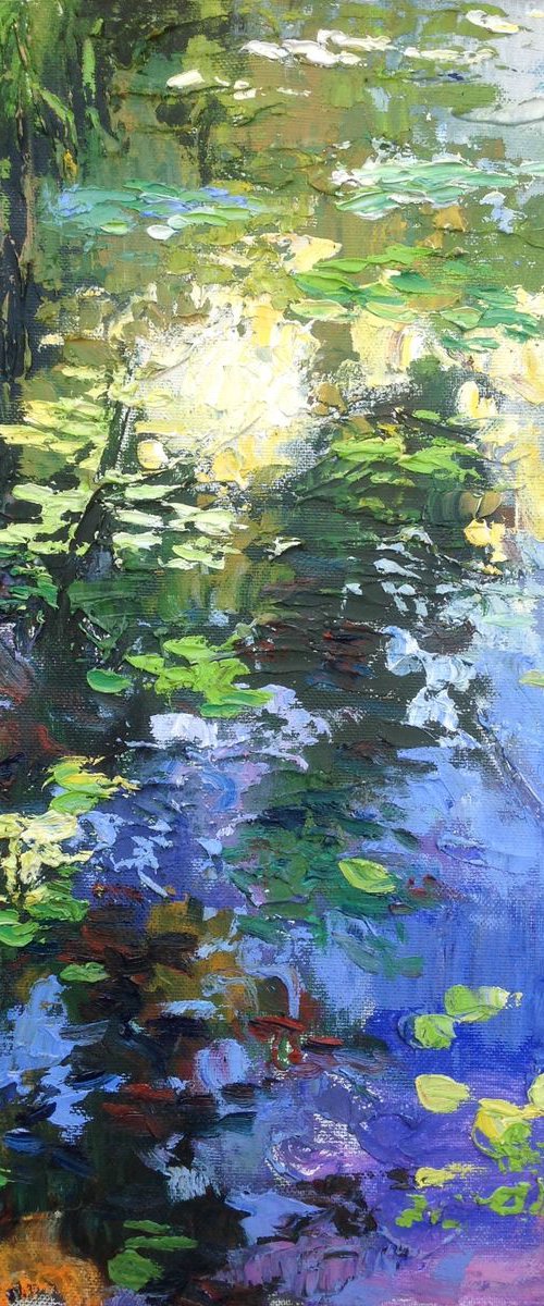 Abstract water lilies pond oil painting landscape river sunlight by Nataliia Nosyk
